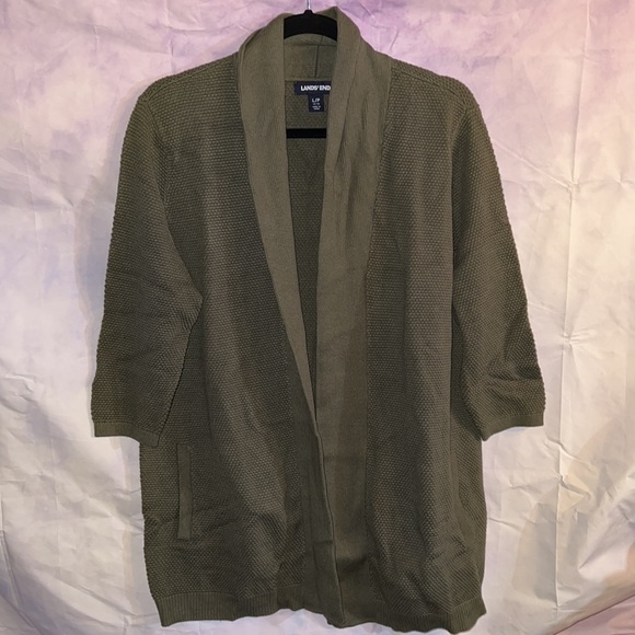 Lands' End 3/4 Sleeve Textured Cardigan Sweater Dark Olive Green - Picture 4 of 6
